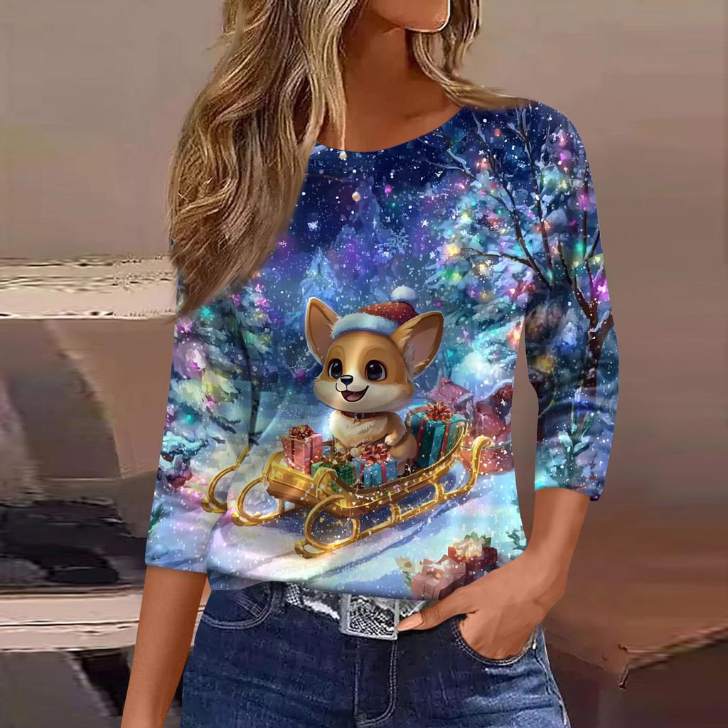 Dame Mote Casual Trekvartsermet Juleprintet Hals Topp