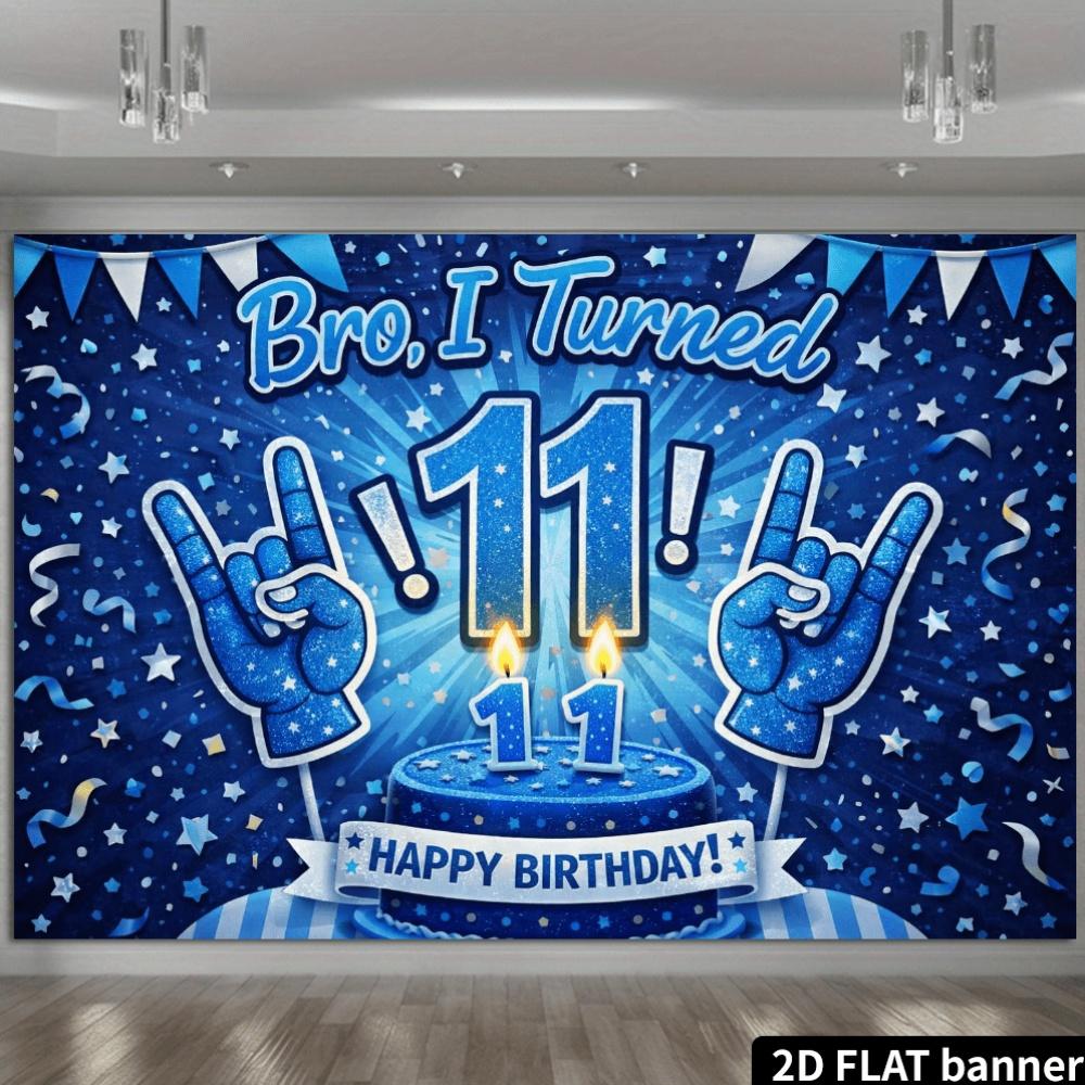 2D vlak 11e verjaardagsfeest achtergronddoek, glinsterende blauwe taart, rock thema