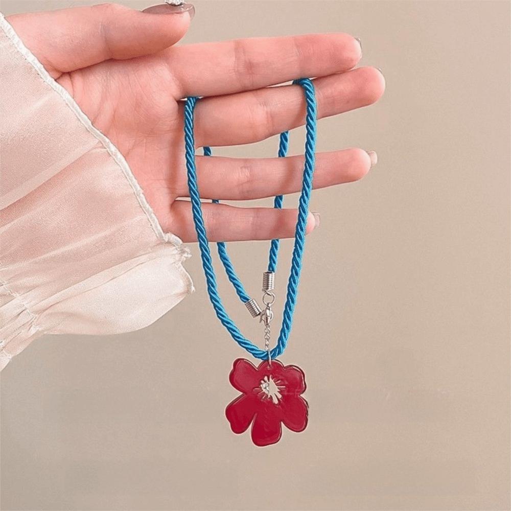 2pca Strawberry Pendant Braided Rope Necklace Layered Simulated Beads Chain Flower Necklace Summer