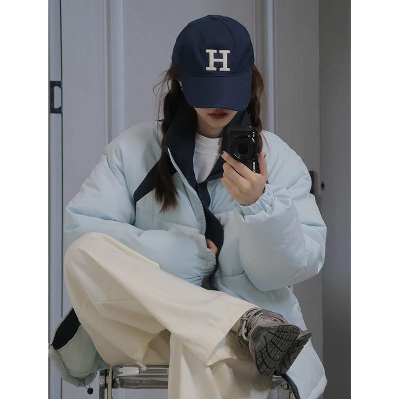 

Stand-up collar thickened down cotton-padded clothes, winter students new design loose jacket warm bread cotton-padded jacket S синий