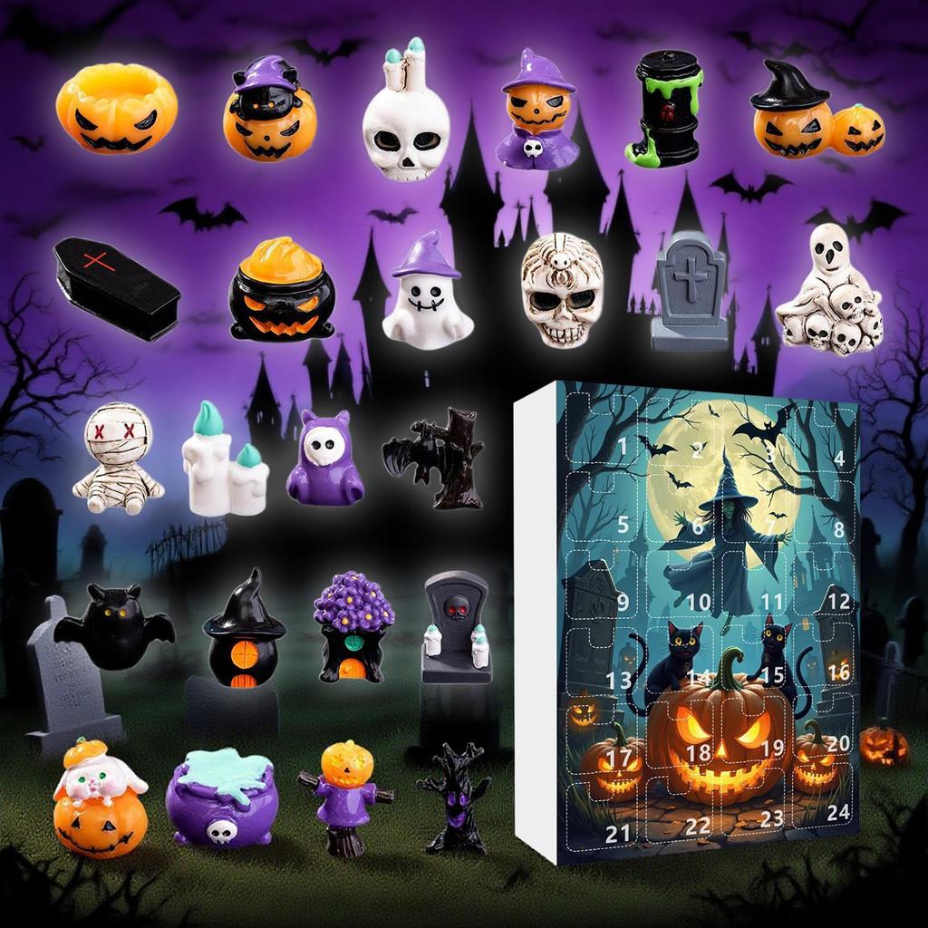 Halloween Advent Calendar 24pcs Pumpkins Skulls Halloween Collectibles Creepy Statues Halloween Horror Advent Gift Box For Desk