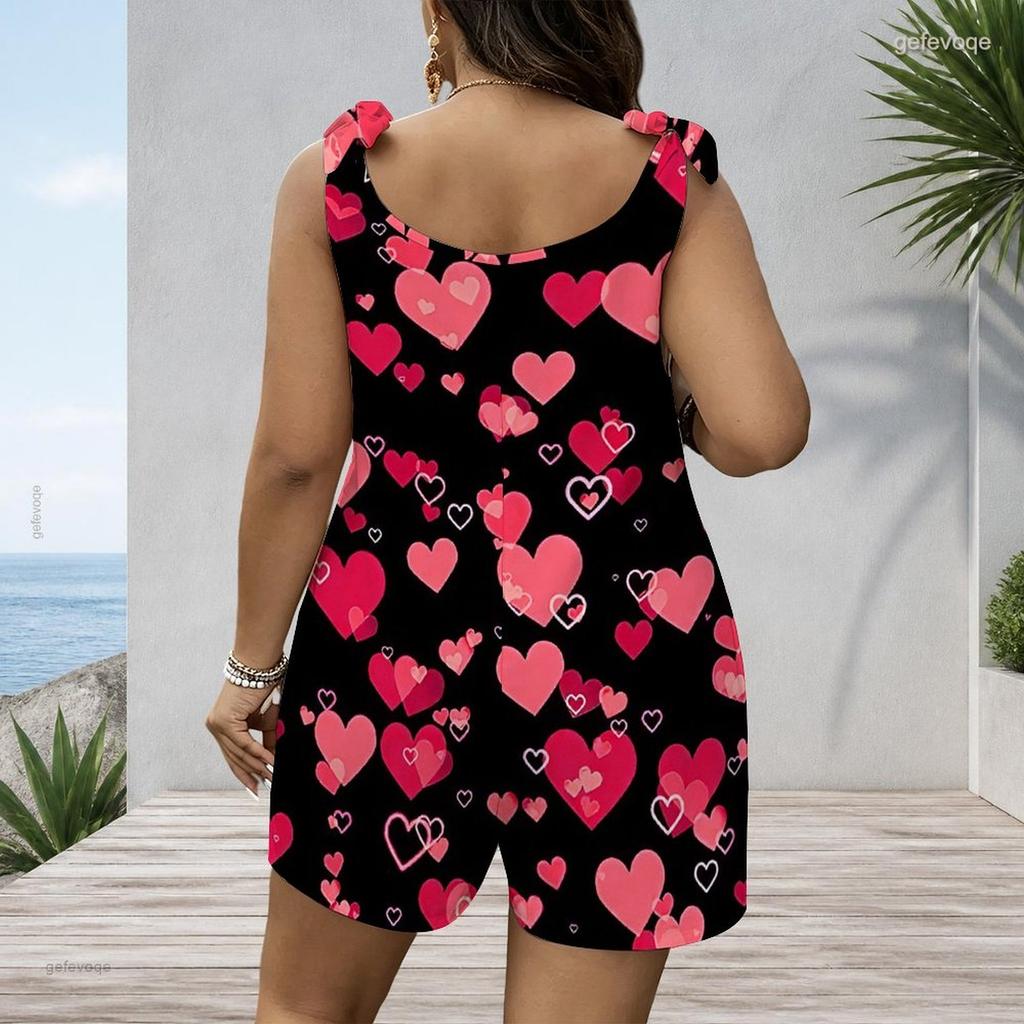 Women Plus Size White USA Flag Printed Scoop Neck Sleeveless Tie Strap Loose Fit Romper With Patch Pockets