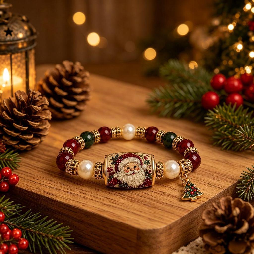 Hand-Painted Christmas Tree Beaded Bracelet - Women's Elastic Holiday Gift