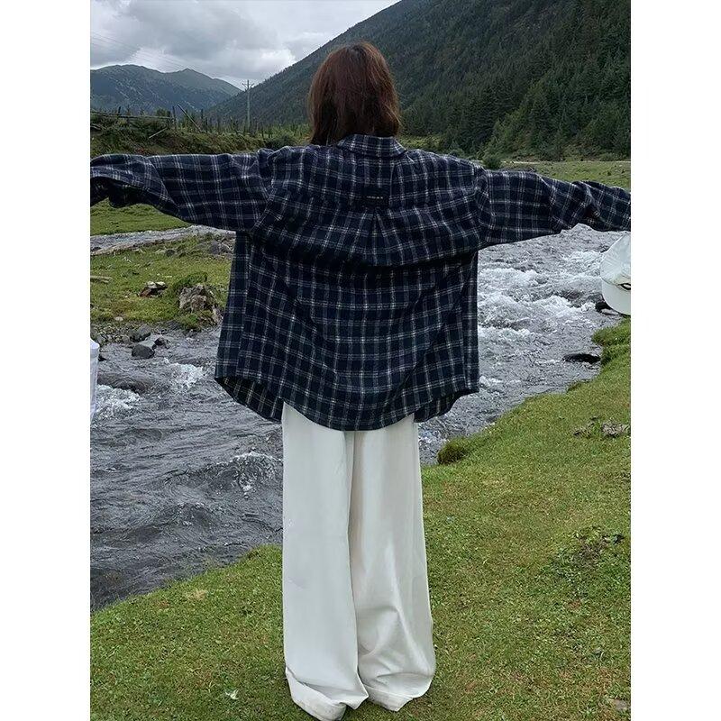 

Синяя клетчатая рубашка женская в корейском стиле, повседневный стиль, длинный рукав, тонкий тип, солнцезащитный дизайн, клетчатый свободный топ 2XL синий