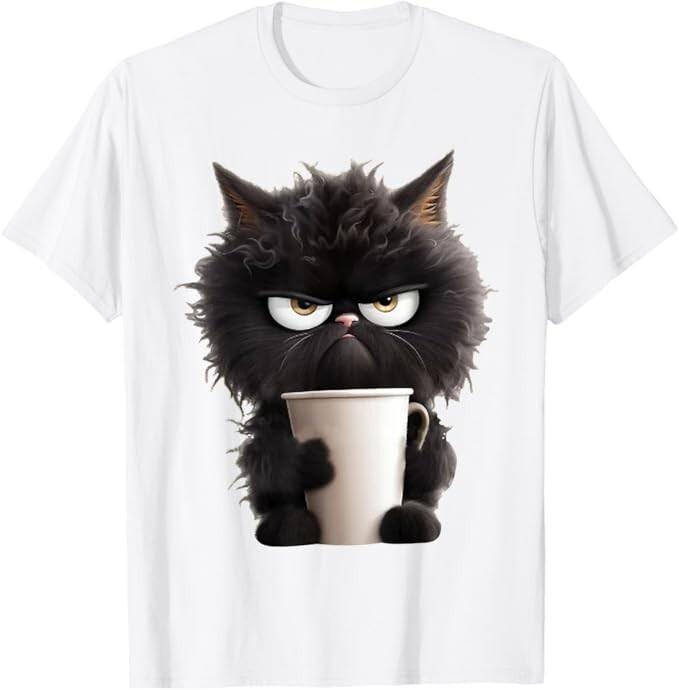 Funny Cute Black Cat Coffee Angry T-Shirt Unisex T-Shirt L