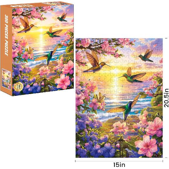 300 Pieces Puzzles for Adult Jigsaw Puzzle 300 Piece Children Elderly Puzzle Hummingbird Beach Flower Puzzle Gift for Mom Dad Family Friend Family