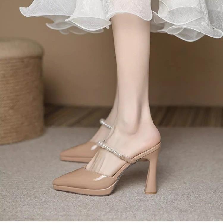 Fashion Women Slippers Female Shoes Pointed Toe Mules for Women 2024 Thin Heels Slippers Soft Beige Heeled Slides Fashion New Comfort