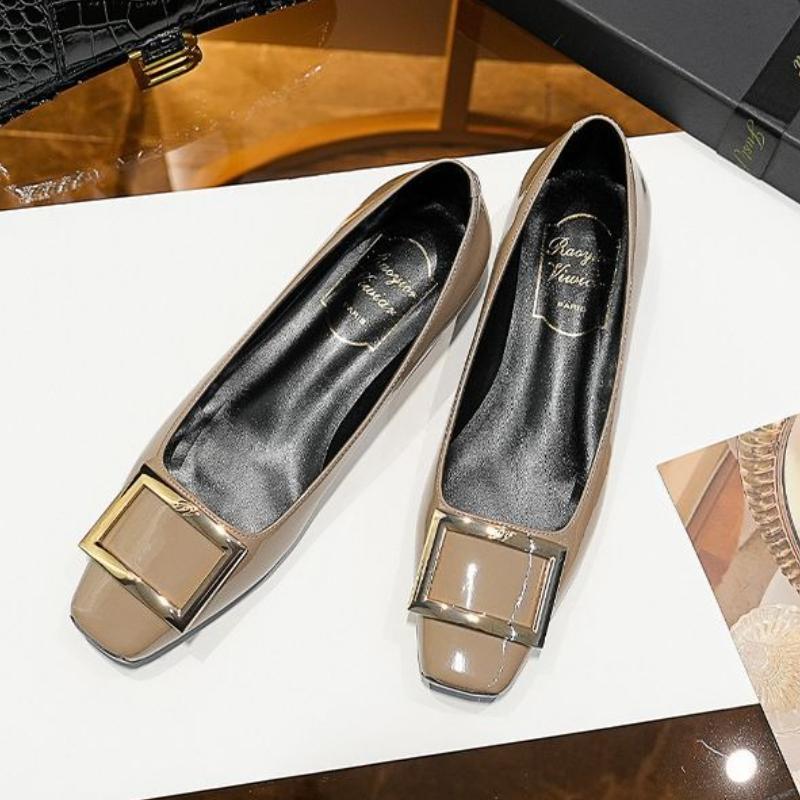 Patent Leather Block Heel Single Shoes Autumn New Square Toe Shallow Mouth Metal Square Buckle Soft Sole Non-slip Low Heel Shoes