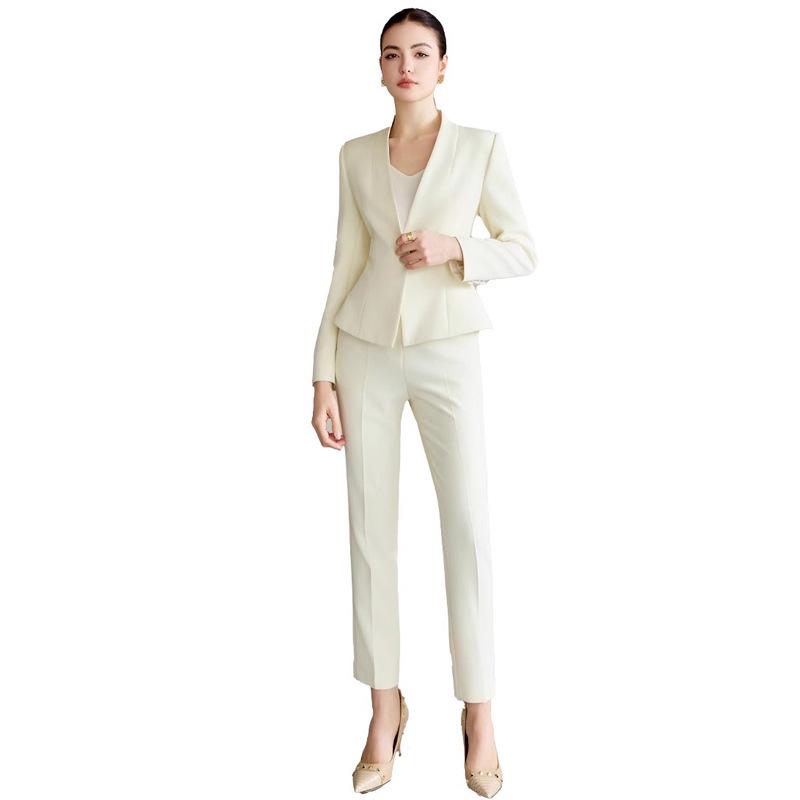 AD Women's Light-Colored Collarless Professional Suit Set - High-End Fashionable Formal Wear for Commuters