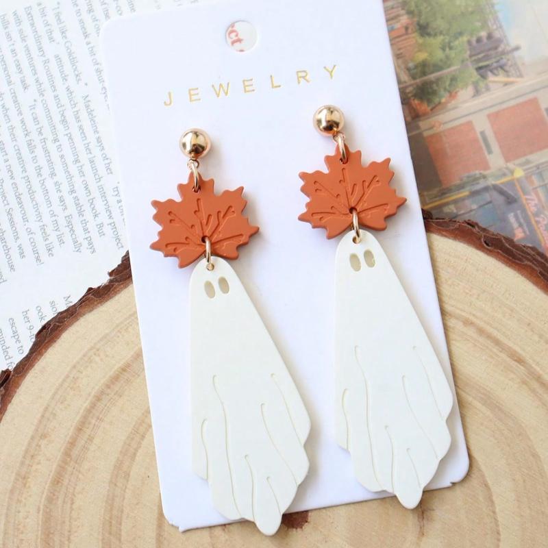 Halloween Soft Clay Acrylic Maple Leaf & Ghost Design Earrings Simple Cute Personalized Earrings, Festival Gift, Party Earrings