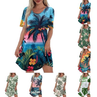 Women's Casual Fashion V-Neck Short Sleeve Hawaiian Print Pocket Dress