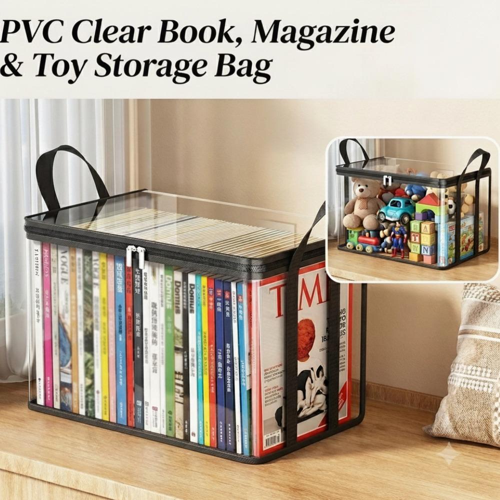 Transparent PVC Storage Box with Handle Large Capacity Organizer for Books Magazines,Toys Dustproof Waterproof Storage Bin