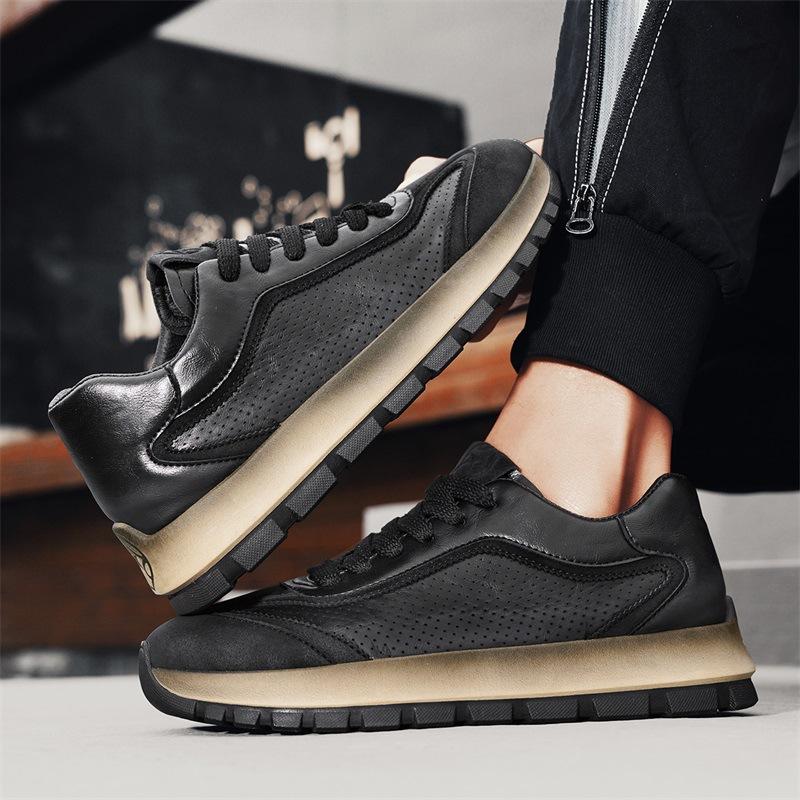 Men's Shoes 2025 New Spring and Summer Retro Platform Non-slip Leather Sneakers Spring Black Casual Dad Shoes