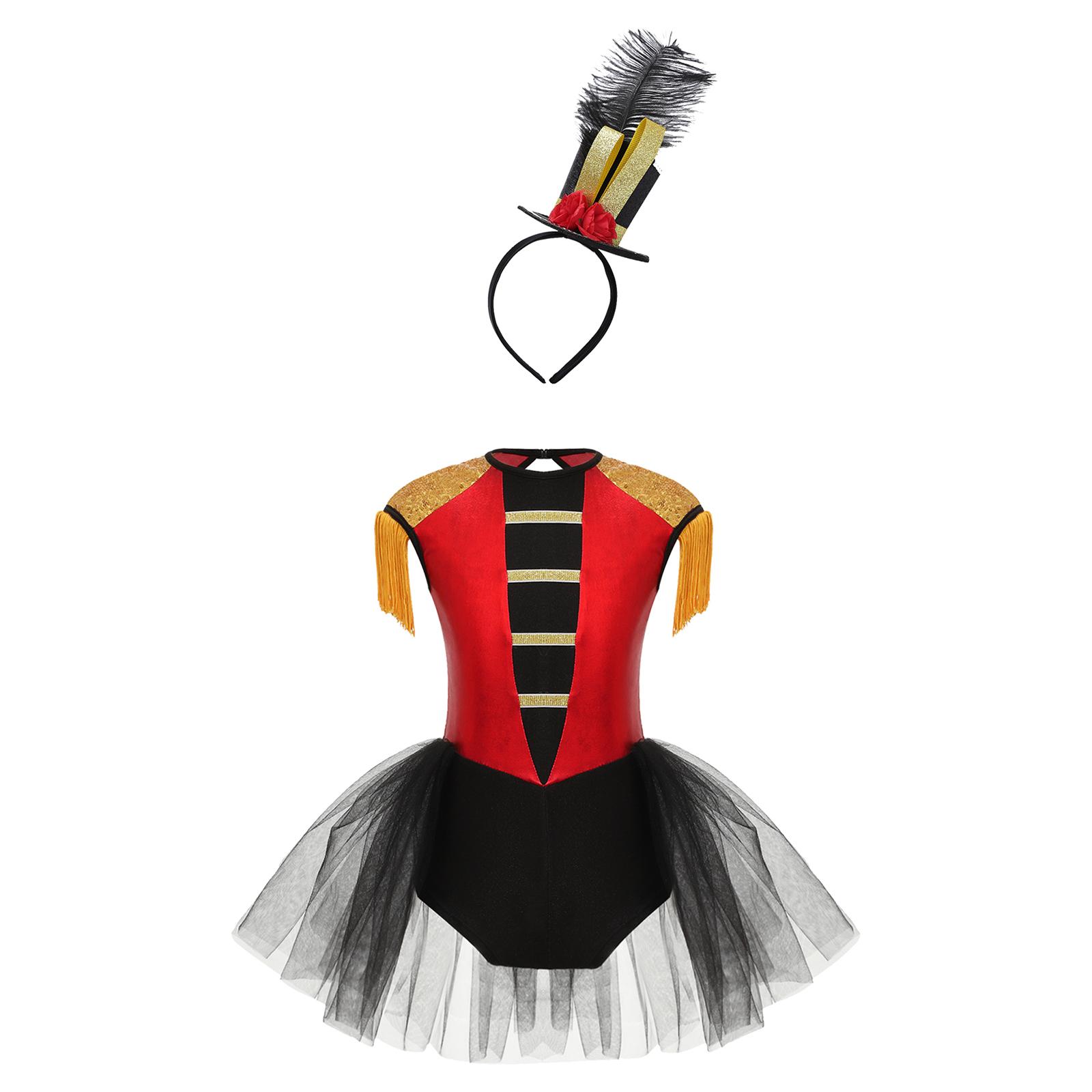 

Kids Circus Ringmaster Dress Up Set Patchwork Bodysuit with Tassel Shoulder Sleeves Cutout Back and Mini Top Hat Feather Headband Halloween Cosplay 7-8 Years червоний