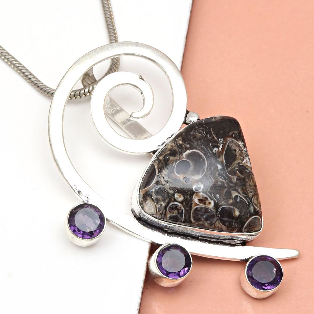 Turtella Jasper Amethyst Gemstone Mother's Day Silver Jewelry Pendant  2"