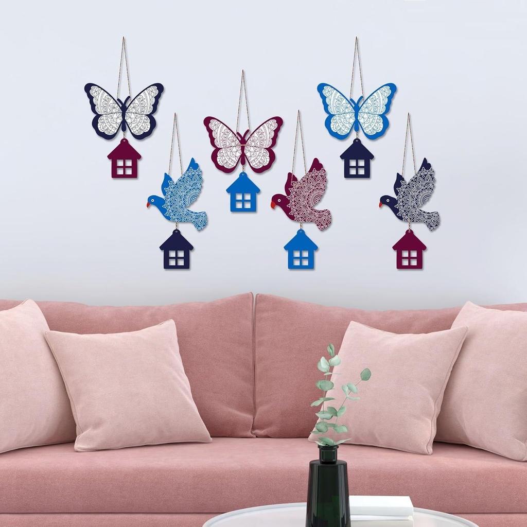 Multicolored Birds & Butterfly Wooden Wall Hanging for Home Decoration | Garden Balcony | Office | Cafe | Decorative Door Hanging (Pack of 6)