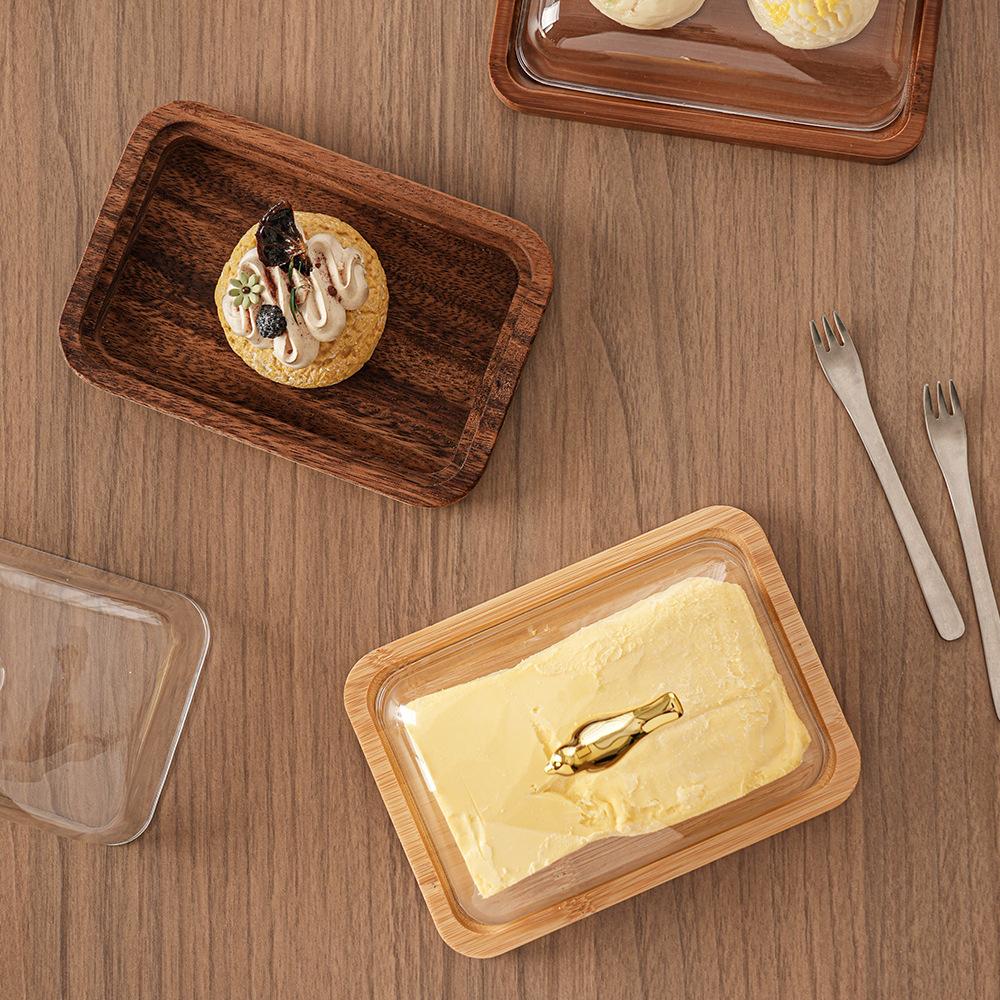 Rectangular Acacia Wood Butter Plate Glass Cover Cheese Butter Plate Snack Cake Dessert Plate Butter Box Tableware