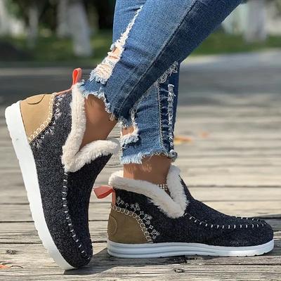 Women's Fashion Plush Lined Snow Boots Solid Color Round Toe Slip On Flat Short Boots Winter Warm Outdoor Short Boot