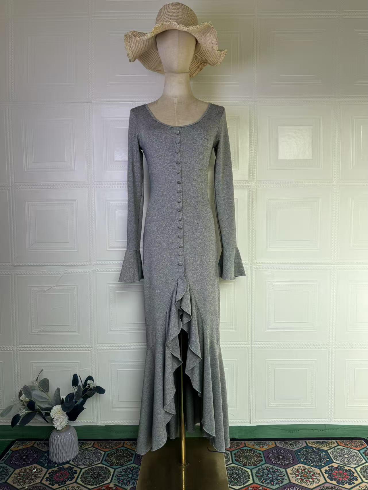 2026 Spring Sexy Long Sleeve European Style Casual Dress XL светло-серый