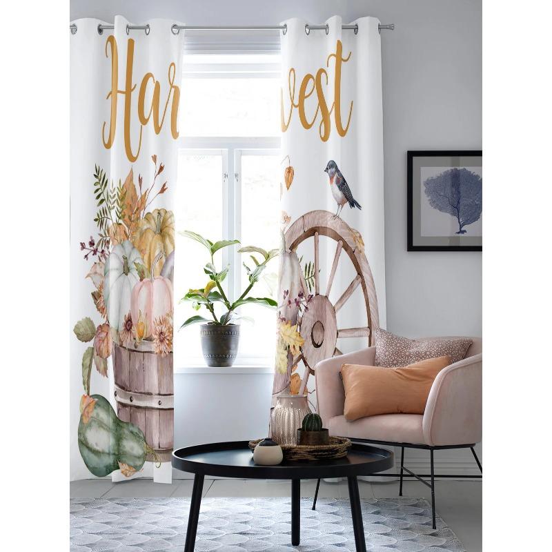 Роскошные оконные занавески на День благодарения с тыквой и листьями для гостиной — фото 4