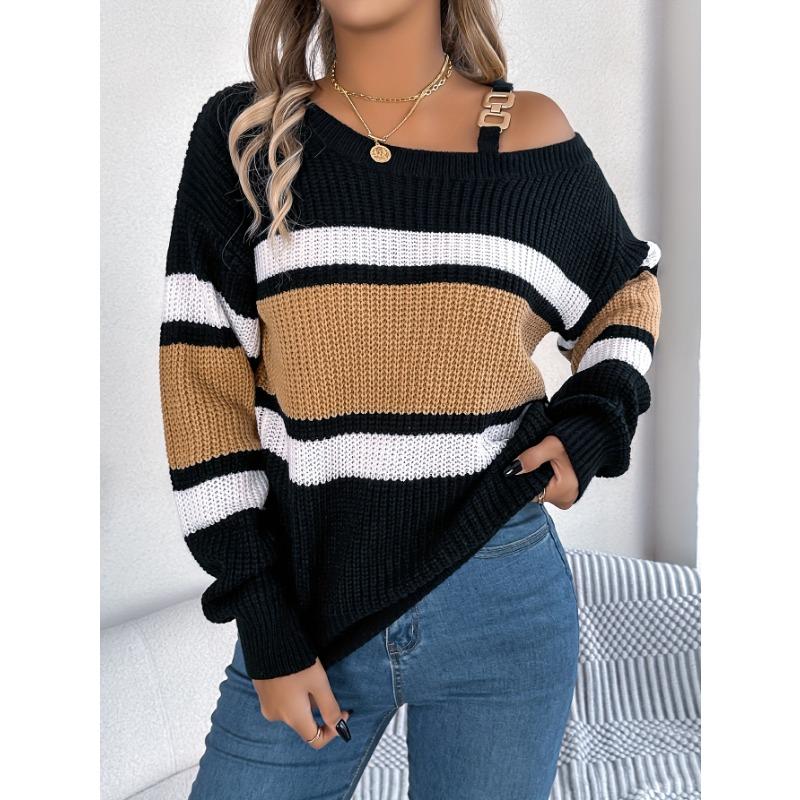 Women's Casual Off-Shoulder Color Block Striped Sweater Black &Orange Horizontal Stripes Medium Stretch Sweater One Shoulder Design