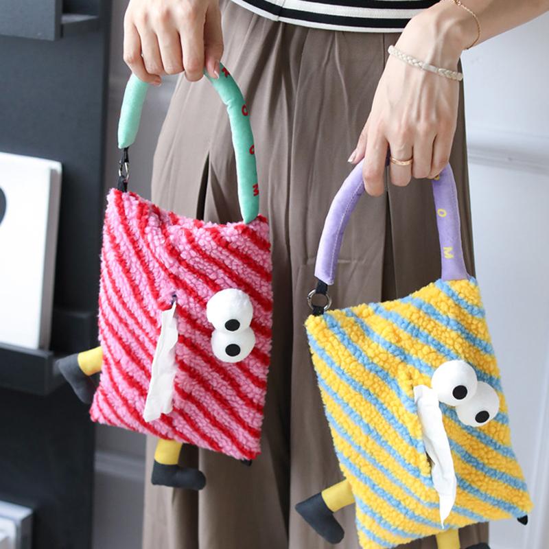 Tissue Box Holder for Car Creative Hanging Cartoon Berber Fleece Dolls Tissue Bag Multi-function Car Accessories Decoration