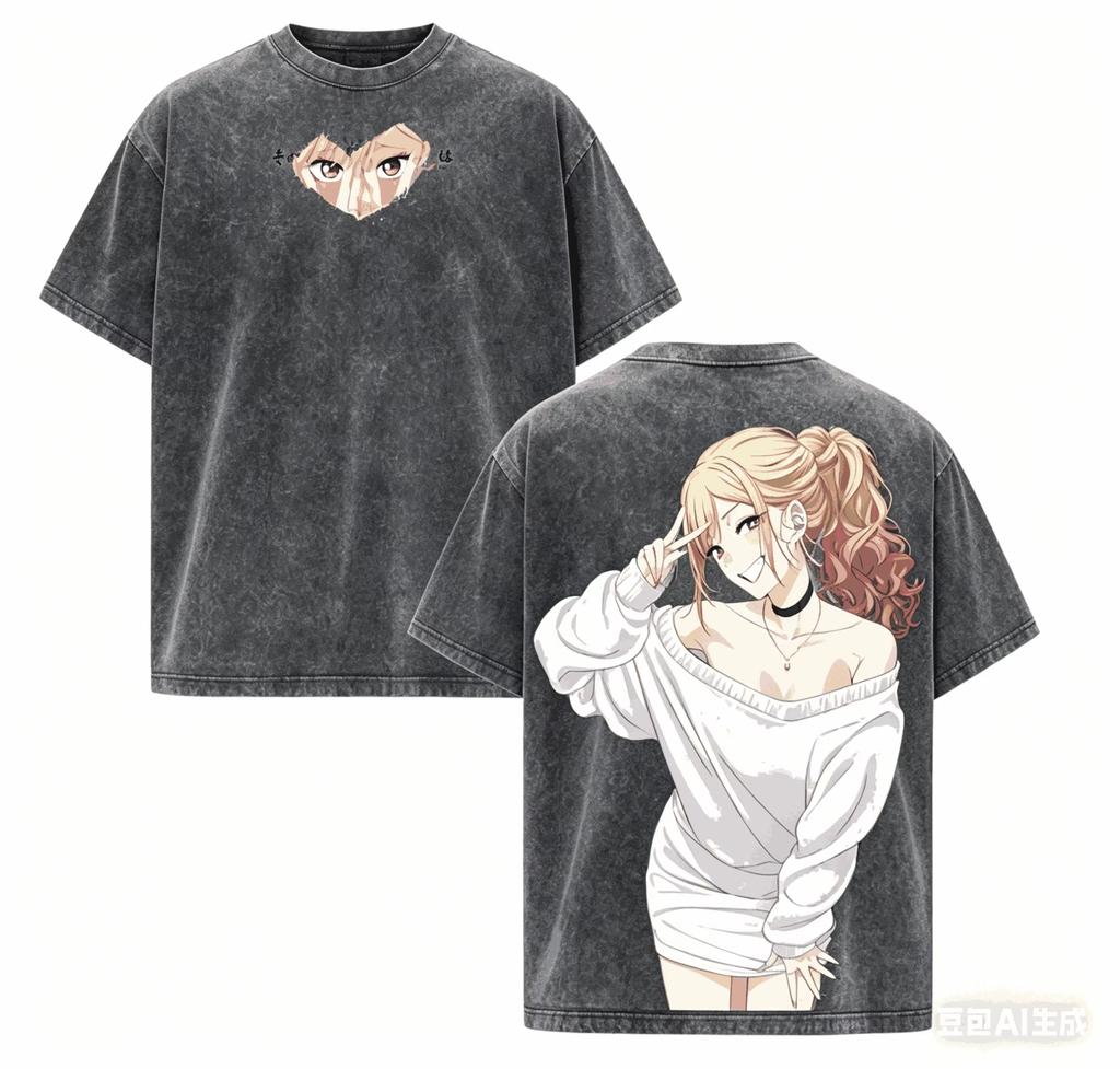 2026 My Dress-Up Darling Marin Kitagawa Double-Sided Printed Black Washed Loose Pure Cotton Casual Street Style Fan T-shirt
