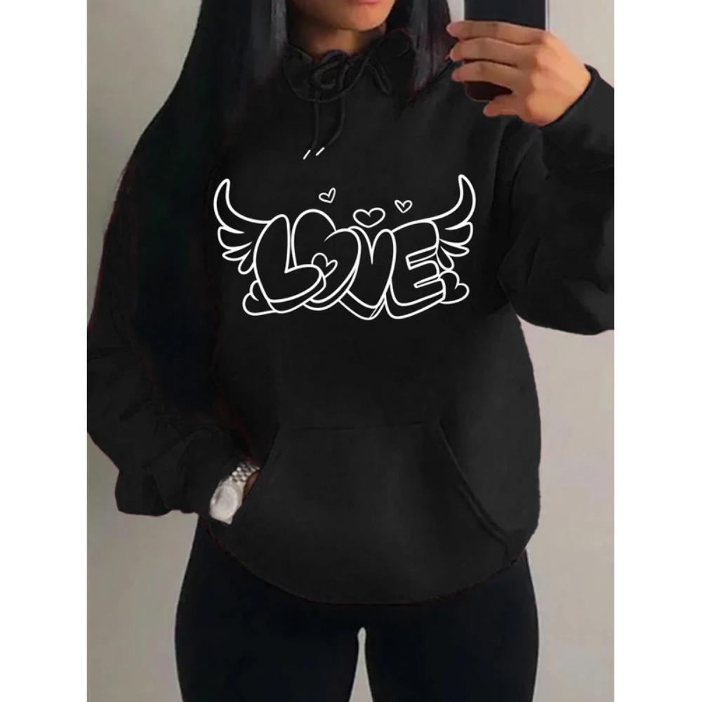 Women Love Has Angel Wings Creative Print for Women Sweatshirt Creativity Pullover Warm Fleece Streetwear Sport Style
