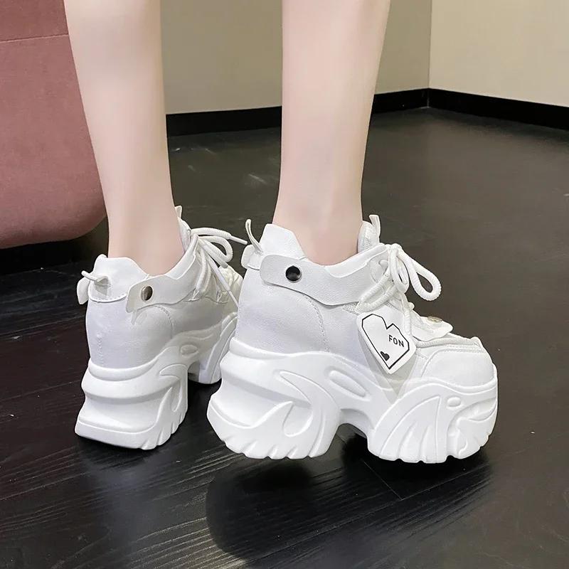 9.5CM Heels Chunky Sneakers Spring Autumn Women Ventilate Shoes Comfortable Casual Leather Shoes Female Non-slip Chunky Sneakers