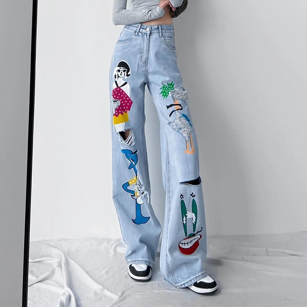 Buy Women Jeans Denim Pant with Ripped Hole Cartoon Printed Funny