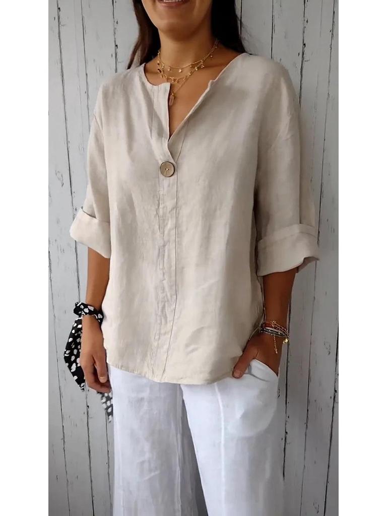 Europe & America Summer V-neck Women's Cotton Linen Button T-shirt