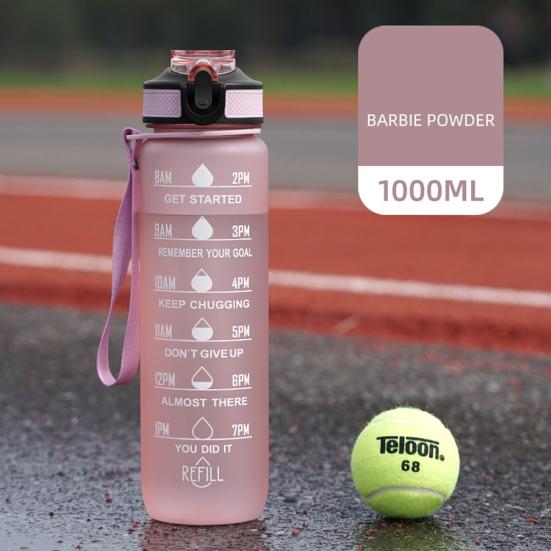 1000ml Wasserbecher Lebensmittelqualität Auslaufsicher Große Kapazität mit Zeitmarkierung Trageband-Design Staubdicht Motivierende Sport-Wasserflasche mit Strohhalm Büro