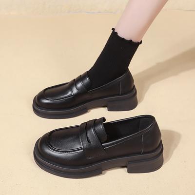 2024 Nouvelle Mode Couleur Unie Polyvalent Chaussures Style Collège pour Femmes Bout Rond Semelle Épaisse Chaussures en Cuir Style Britannique Polyvalent