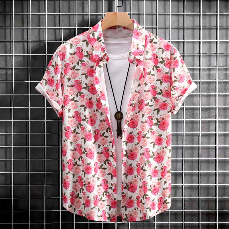 Flower Plants Print Men's Short-sleeved Shirt 3D Print Single-breasted Shirt Fashion Summer Casual Vacation Button Down Blouse
