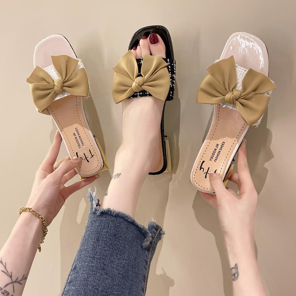 High heels women's new square head temperament bow low heel one-word drag small fragrant style outer slippers in summer 2025