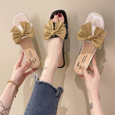 Talons hauts pour femmes nouveau tempérament à bout carré nœud talon bas pantoufles d'extérieur style petit parfum en été 2025