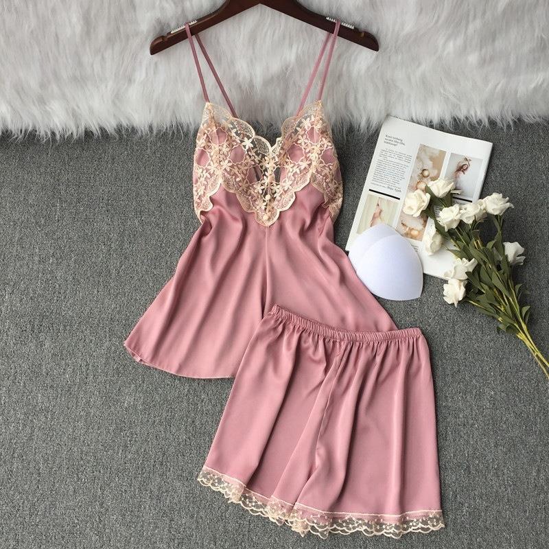 Pajamas Sexy Women's Ice Silk Suspender Shorts Two-piece Private Room Temptation White with Chest Pad Backless Summer Loungewear