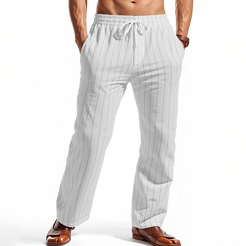 

2026 European and American Linen Summer Pants Beach Pants Drawstring Vertical Stripes Straight Breathable Casual Trousers Men s Trousers L белый