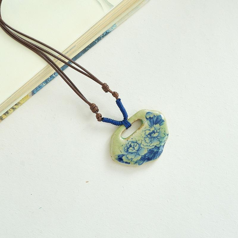

Handmade Ceramic Peony Necklace, Vintage Chinese Longevity Lock Pendant With Floral Design, Bohemian Adjustable Cord Jewelry For Women, Artisan Gift блакитні мрякою кольору