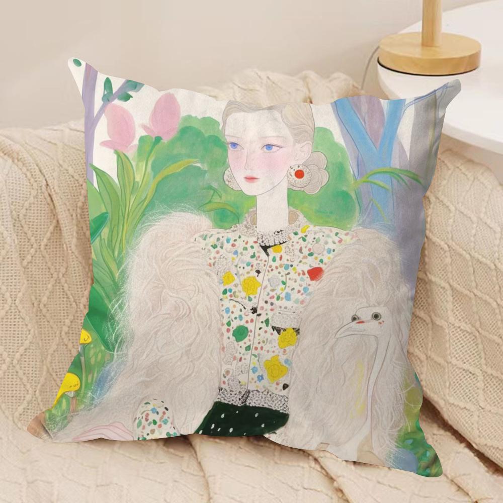 Fashion Illustration Cushion Cover Soft Plush Fabric Double-Sided Printed Sofa Cushion Cover for All Seasons Home Decor Gift