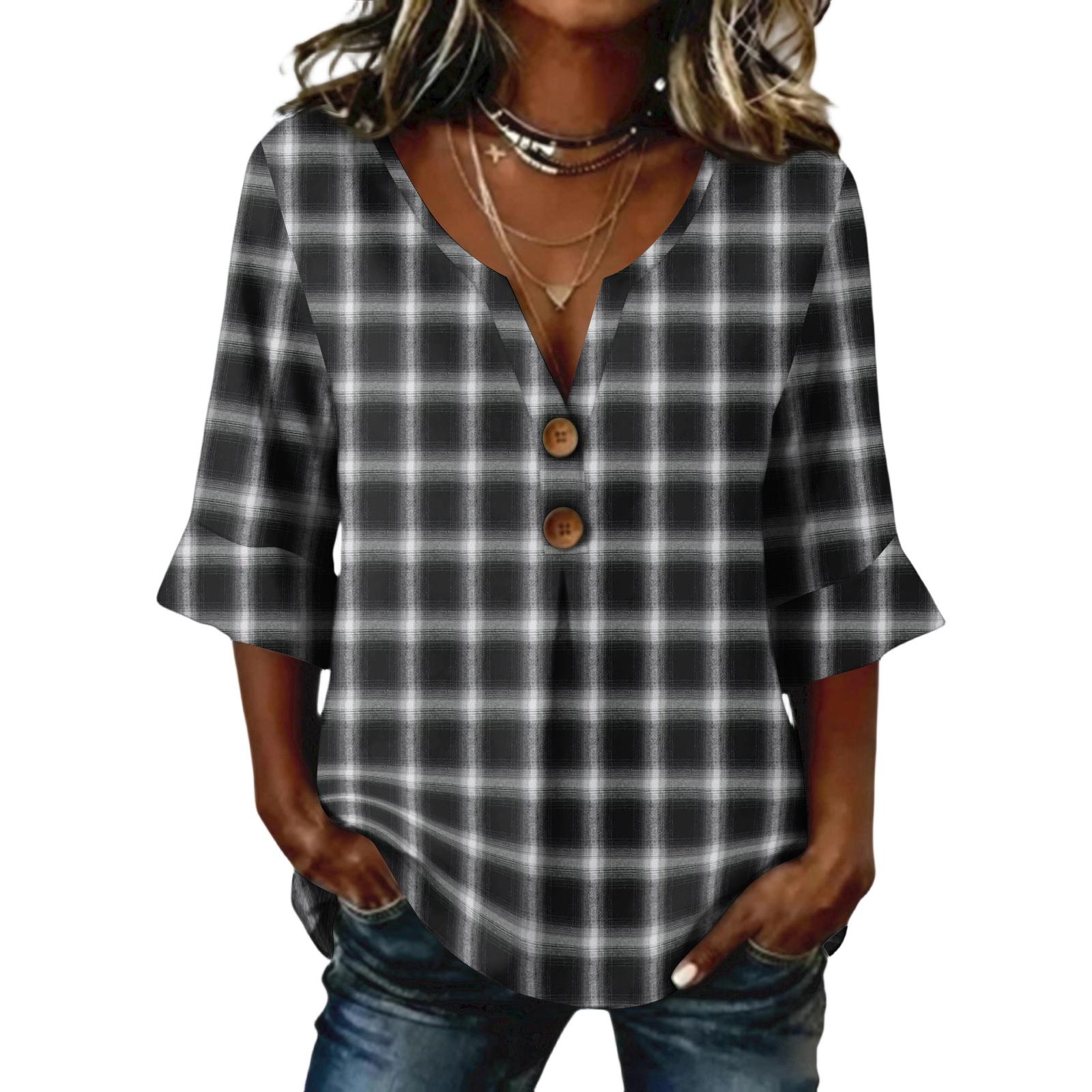 Ladies  plaid printed button casual V-neck fashionable seven quarter sleeve top S чёрный