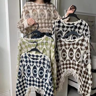 Spring Thin Vintage Hollow Out Tassel Pullover Sweaters Women Tops Long Sleeve Casual Loose Knitted Sweater Women Autumn Slim Fashion Knitwear 26389