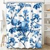 Blue Floral Shower Curtain Waterproof Bathroom Decor Large Size Luxury Bath Mat White Tub Liner Printed Modern Flower Design (La