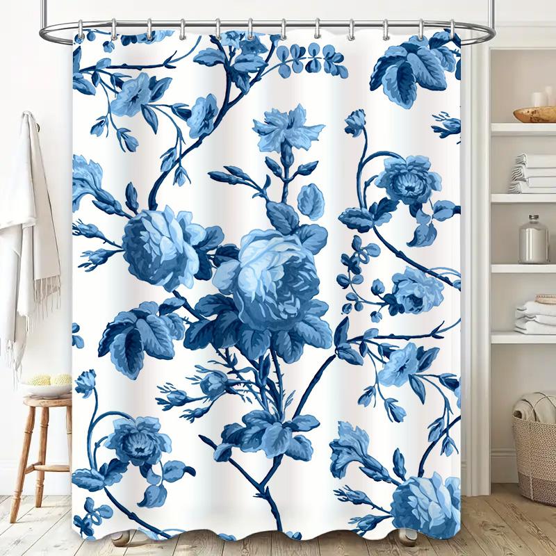 Blue Floral Shower Curtain Waterproof Bathroom Decor Large Size Luxury Bath Mat White Tub Liner Printed Modern Flower Design (La