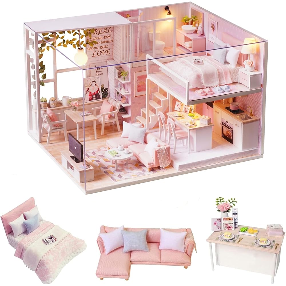 

CUTRROOM DIY Miniature Wooden Dollhouse Kit 1:24 Scale with Furniture, Music Box, Dust Cover, LED Light