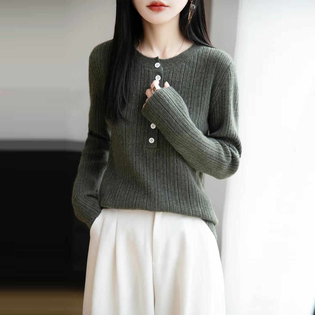 Women's Solid Color Wool Knitwear: Single-Breasted, Long-Sleeve, Round Neck, 2025 Autumn Collection