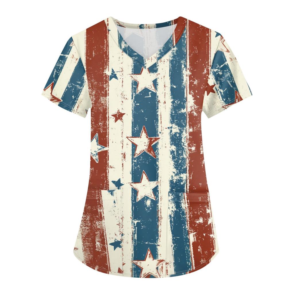 Topuri Uniformă de Lucru Scrub Imprimate Mărimi Mari Pentru Femei Gât în V Încrucișat Imprimeu Ziua Independenței Mânecă Scurtă Tricouri Amuzante Tricou de Lucru cu Buzunare