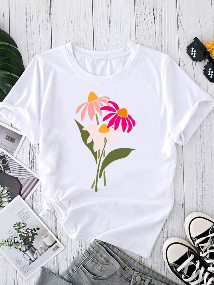 (Asian Size) Short Sleeve T-shirts O-neck Casual Clothing Fashion Female flower style cute Women's Top T shirt Printed Graphic Tee