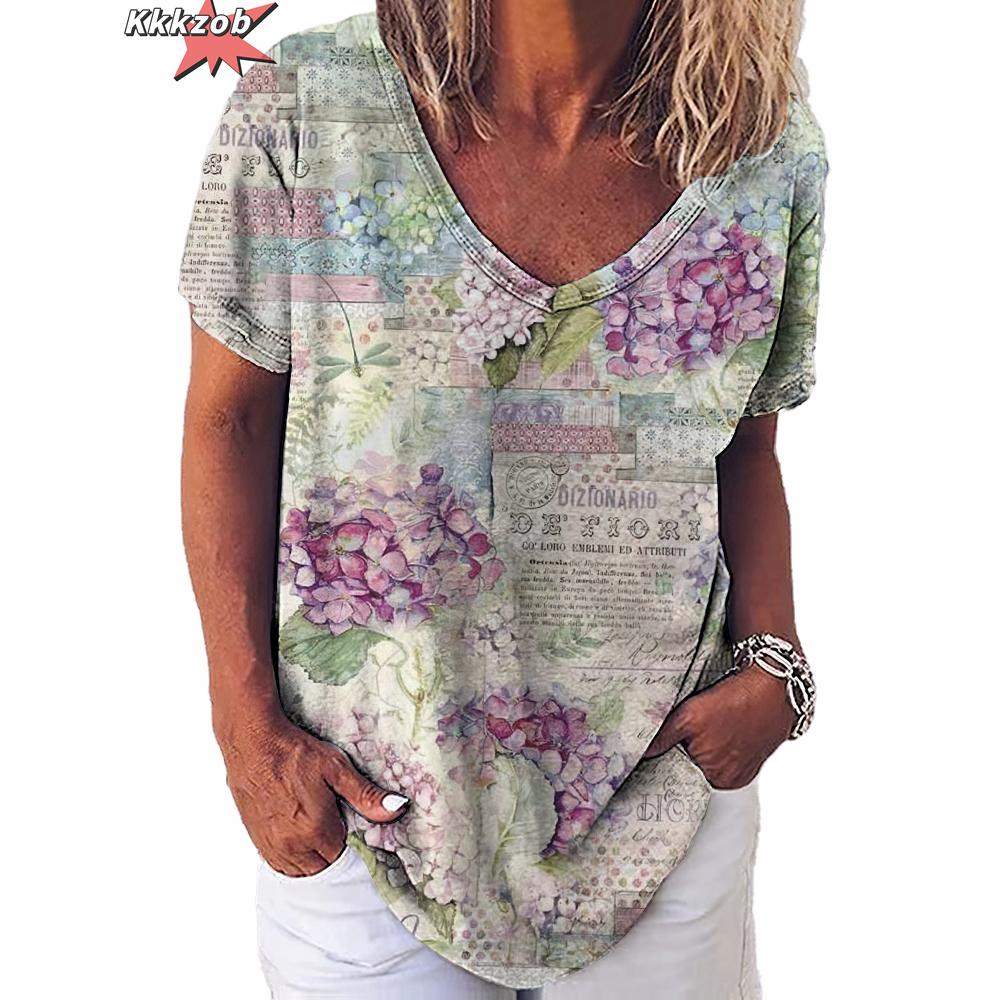 Vintage Print Top Women Short Sleeved Streetwear Summer Tee Women's Fashion Casual V Neck T Shirts Y2k Oversized Female Clothing