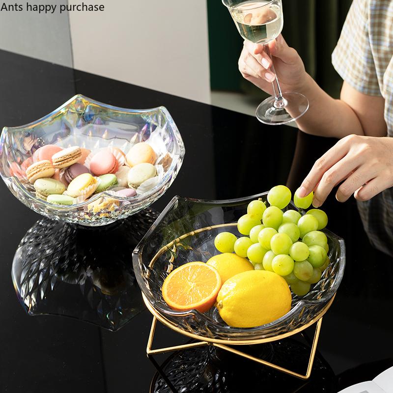 Wrought Iron Base Glass Fruit Plate Glass Bowl Candy Snack Tray Dessert Bowls Dishes Fruit Salad Bowl Decorative Plate Cake Pan